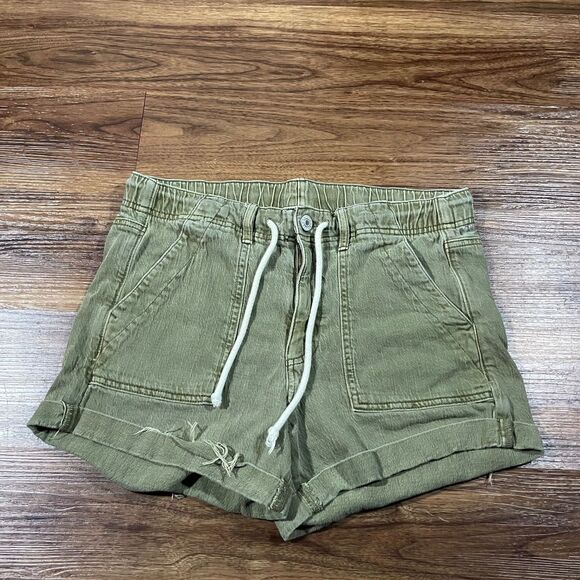 American Eagle Khaki Drawstring Shorts Green Stretch Cotton Cuffed Women Size 10 - Picture 1 of 7